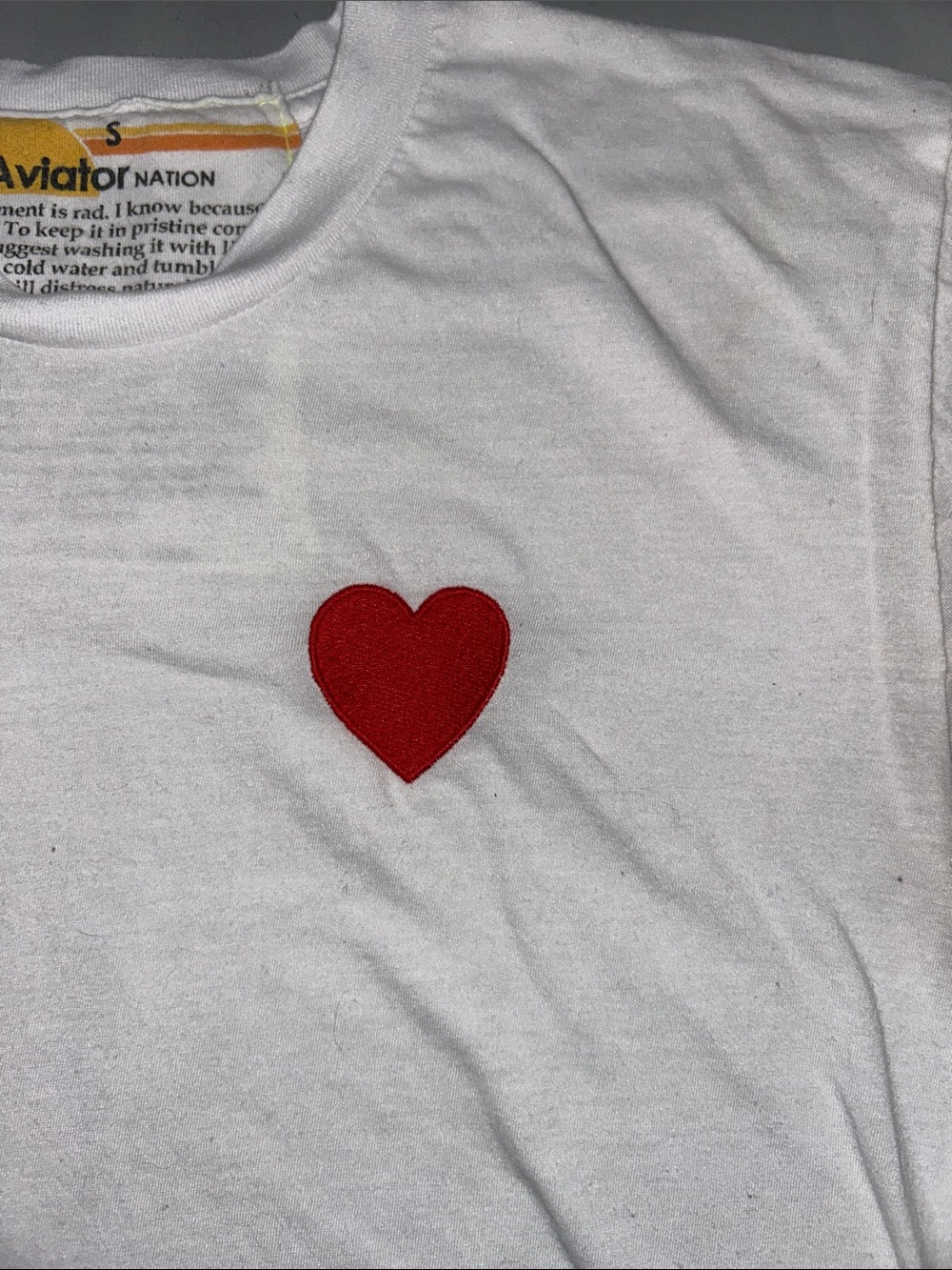 Aviator Nation - White Raw Hem Tee w/ Red Heart Patch Sz: S - Picture 3 of 6